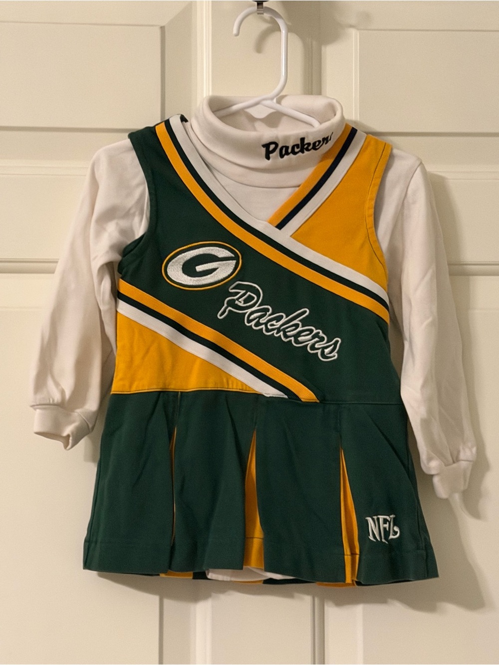 NFL Green and Gold Packers Kids Cheer Dress with White Turtleneck